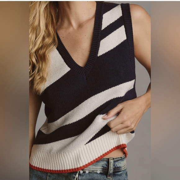 Maeve Anthropologie Striped V-neck Sweater Vest Size L EUC - Picture 2 of 7